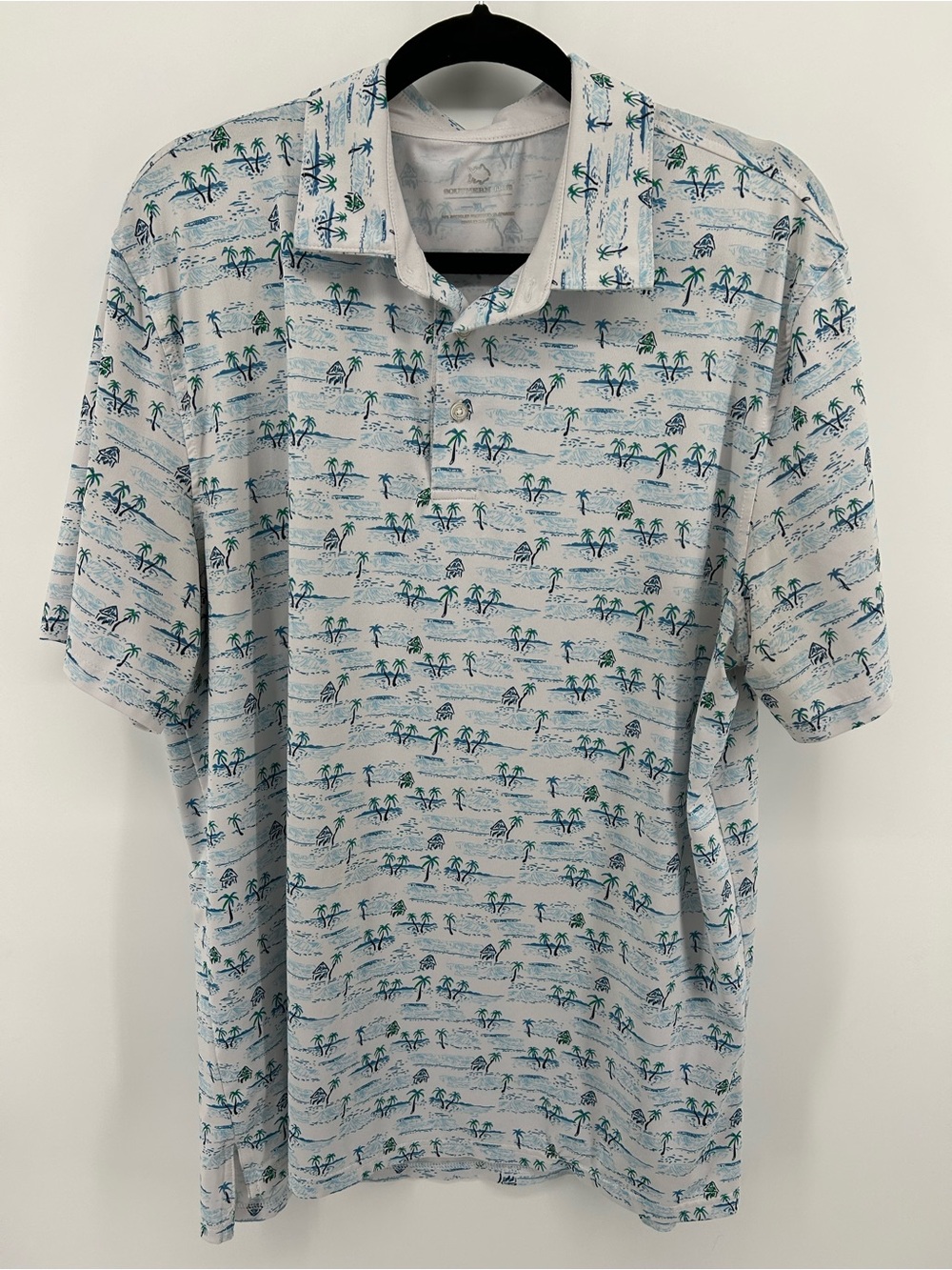 Southern Tide Light Blue Palm-Print Polo with Green and Navy Accents